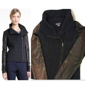 Vince WOOL LEATHER Moto Jacket Sz XS Brown Gray Funnel Neck Grunge Distress Goth